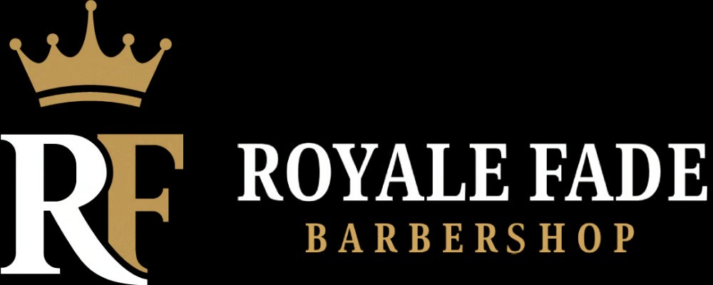 Royale Fade Barbershop logo — crown monogram with gold and white wordmark on black.